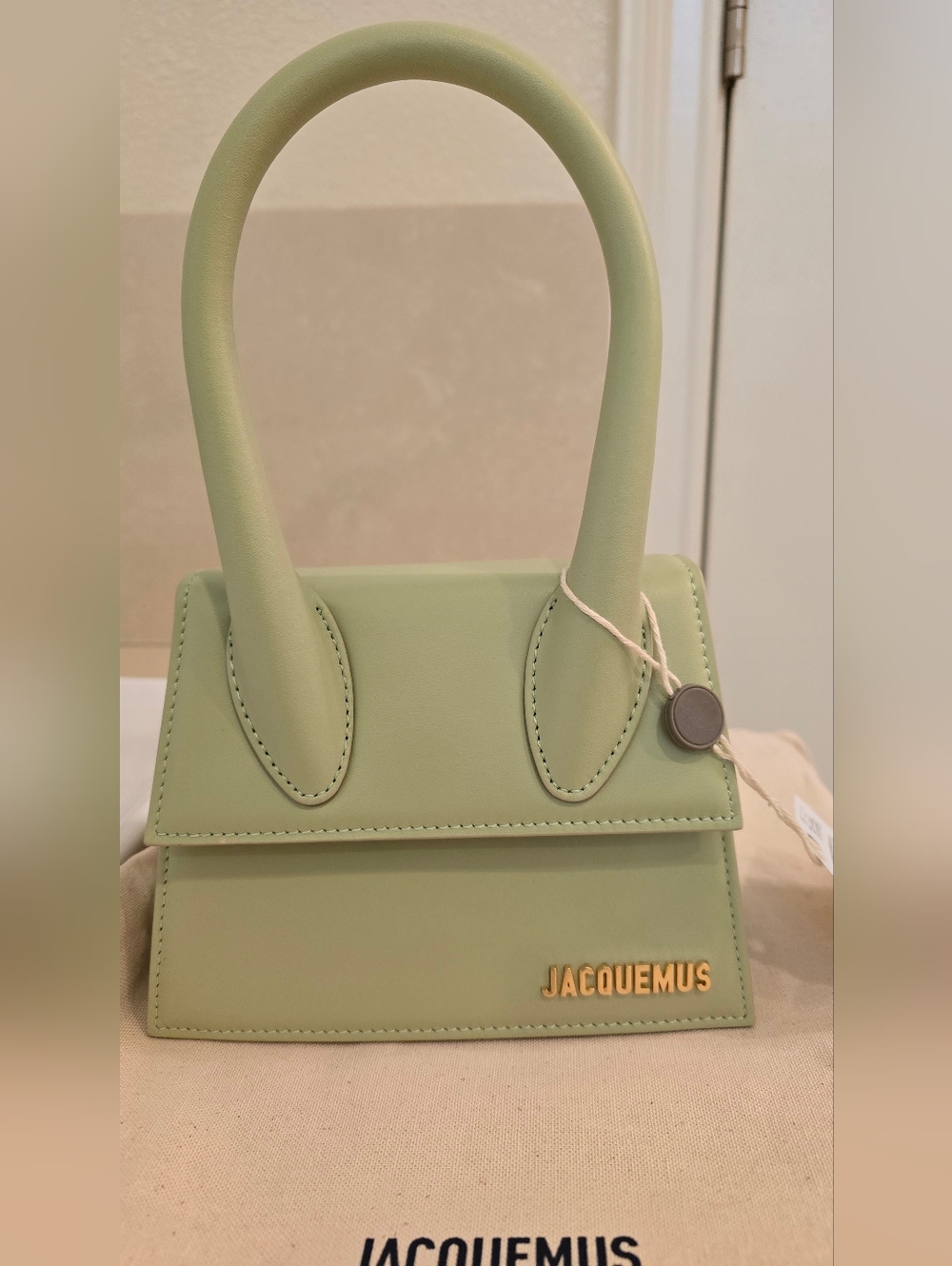 NWT Jacquemus Moyen Top-Handle Bag in Light Sage Green with Gold Logo - Picture 6 of 10